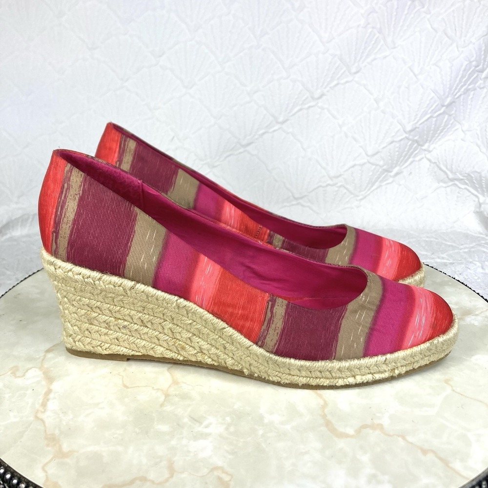 Soft Style Striped Espadrille Wedge Pump Women 8.5 Pink Red Coastal Comfort New - Picture 2 of 14
